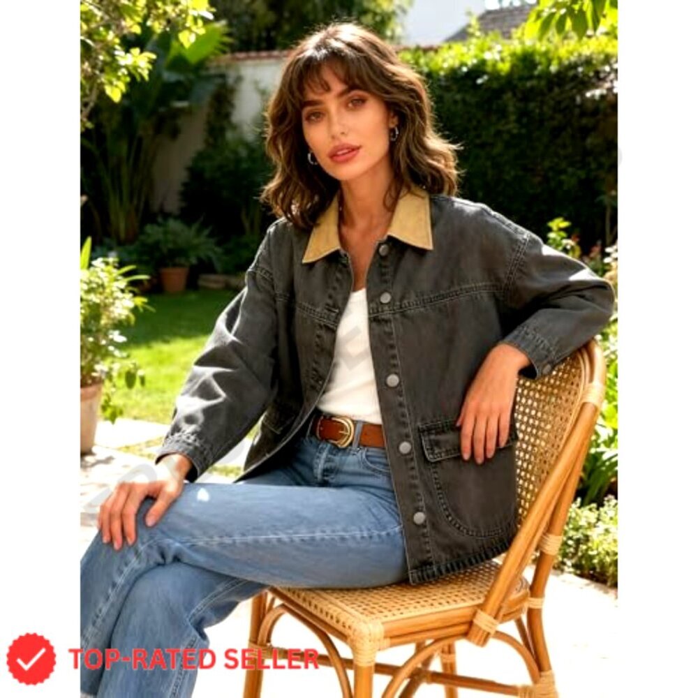 Oversized Denim Barn Jacket Retro Chic Button Down Big Pockets Transitional - Picture 6 of 8